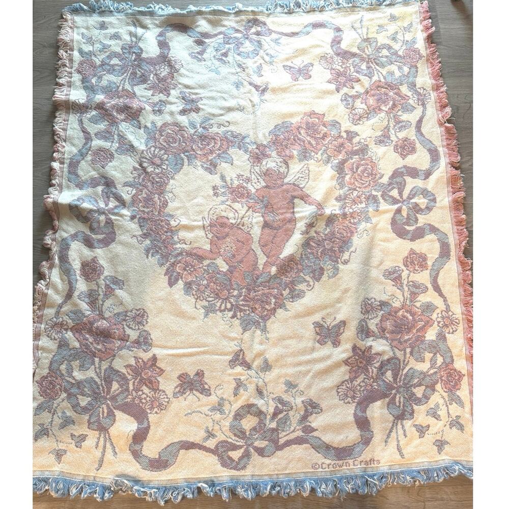 Vintage Crown Crafts tapestry throw blanket angels hearts cherubs